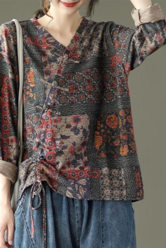 Retro Drawstring Print Cotton Blouse