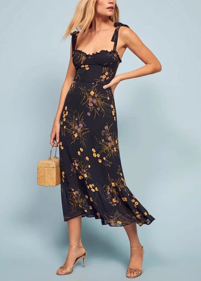 French Black Print Lace Up Chiffon Spaghetti Strap Dresses Summer