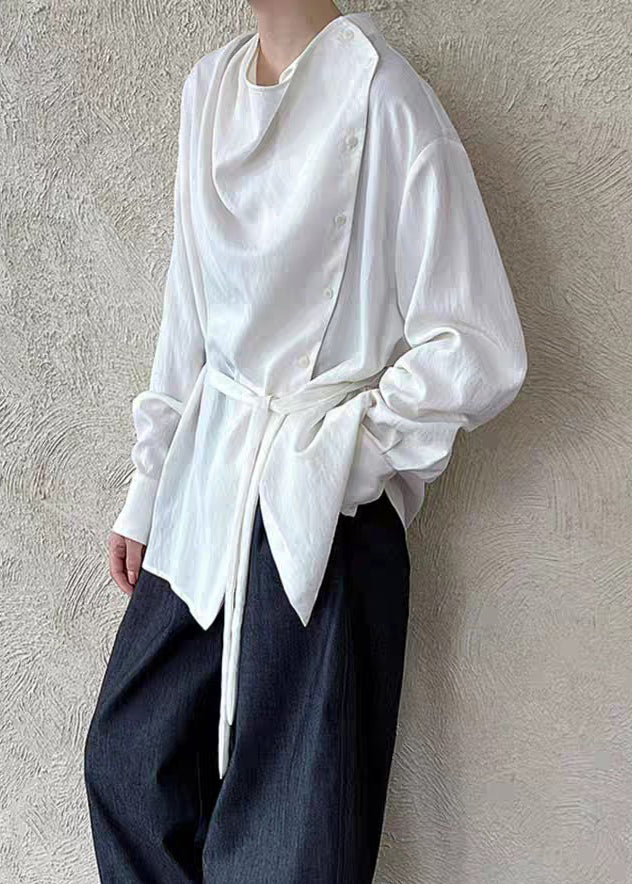 White Stand Collar Button Shirts Lantern Sleeve