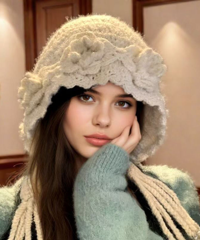 Handmade Beige Tassel Nail Bead Wool Knit Boonie Hat