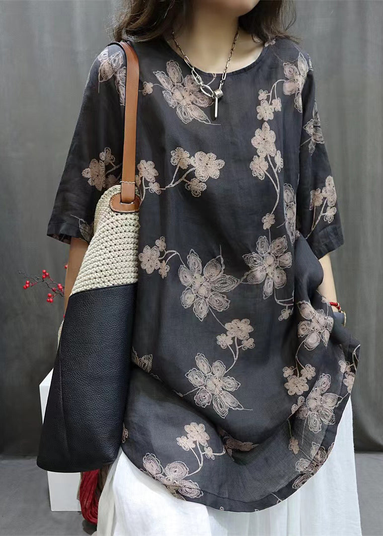 Loose Black O-neck Print Linen Shirts Half Sleeve