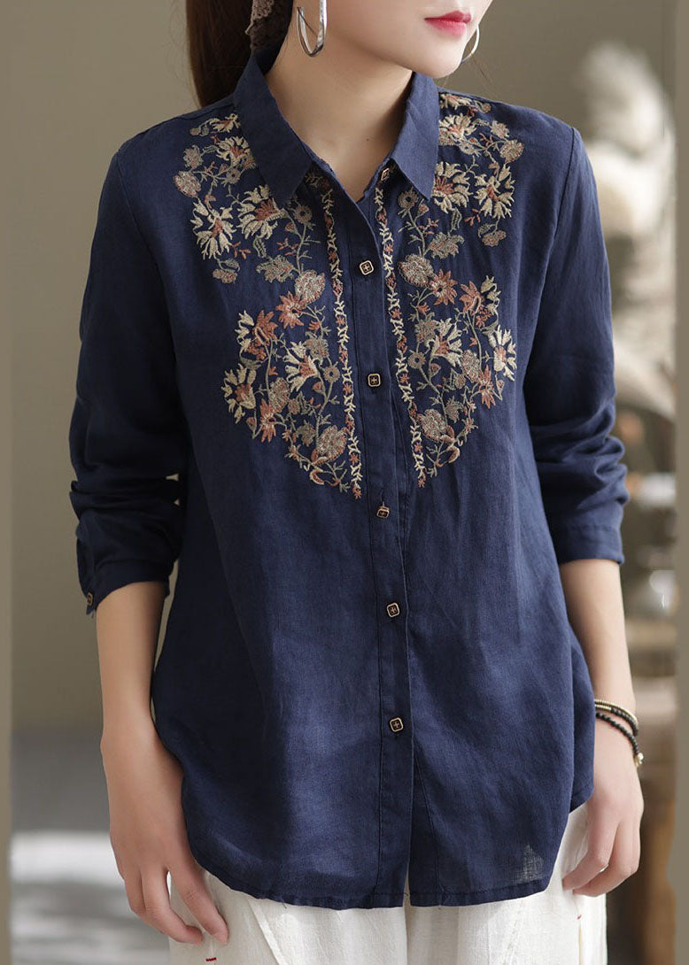 Navy Linen Shirt Top Turn-down Collar Embroidered Spring