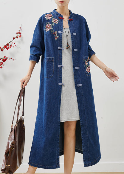 Art Blue Embroidered Chinese Button Denim Trench Fall