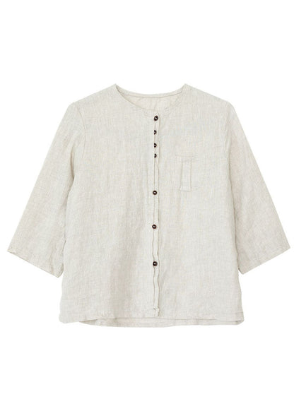 Khaki O Neck Button Pockets Linen Shirt Bracelet Sleeve