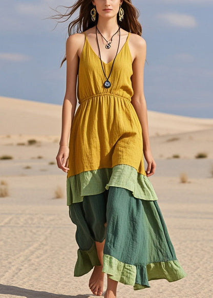 Yellow Patchwork Cotton Cami Dresses Summer