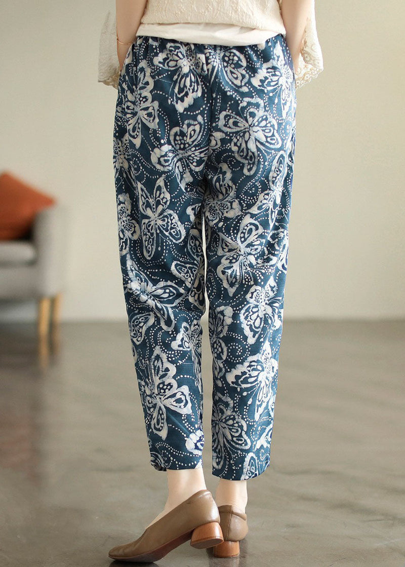 Navy Elastic Waist Print Cotton Crop Pants Fall