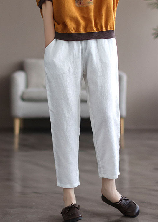 White Elastic Waist Linen Harem Pants Summer