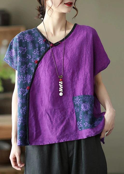 Linen Purple Stitching Short Sleeve T-shirt