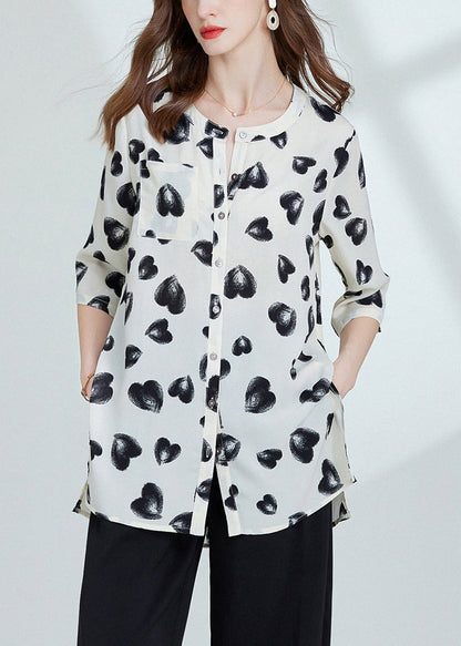 Loose Black Print Side Open Chiffon Blouses Bracelet Sleeve