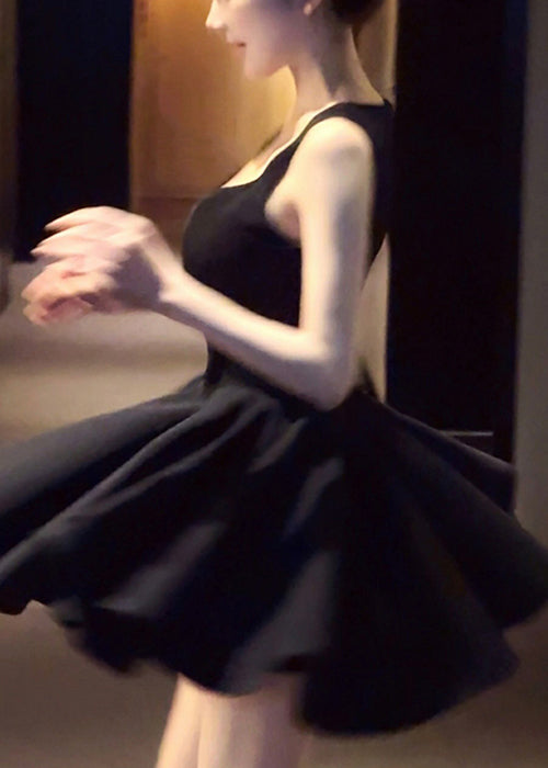 Black High Waist Pleated Dress V Neck Summer