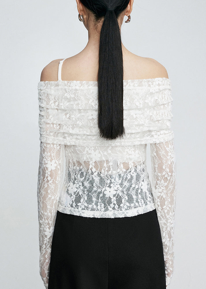 White Cold Shoulder Slim Fit Lace T Shirts Fall