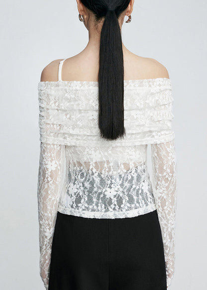 White Cold Shoulder Slim Fit Lace T Shirts Fall