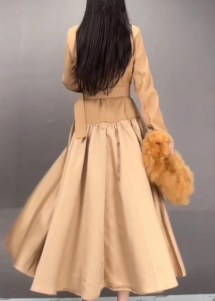 Khaki Notched Patchwork Sashes Long Trench Coats Fall
