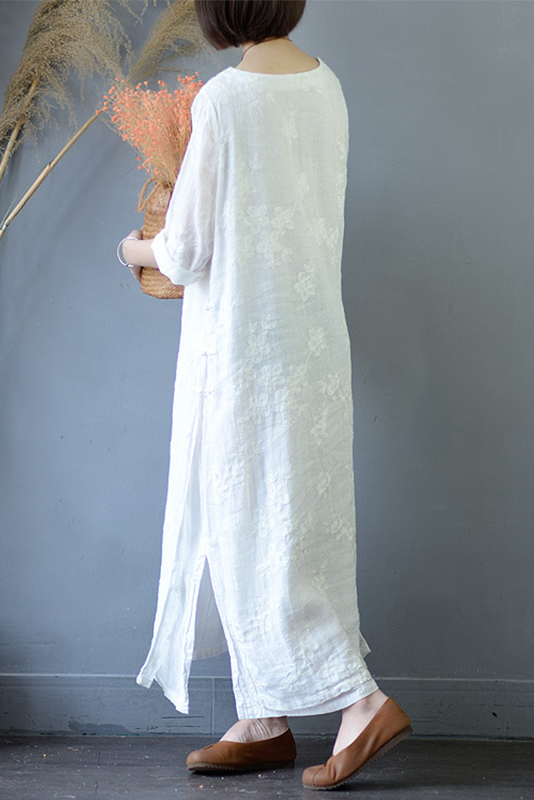 Summer White Ramie Embroidery Dress