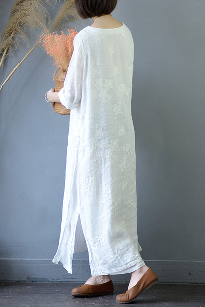Summer White Ramie Embroidery Dress