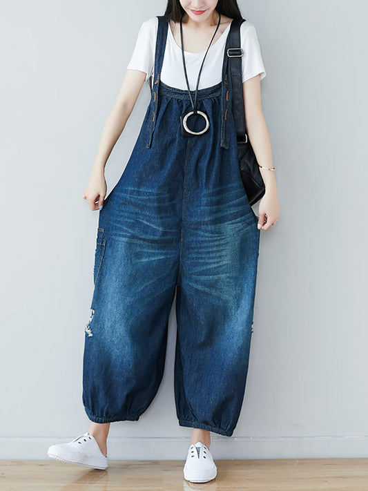 Summer Retro Frayed Washed Denim Jumpsuits