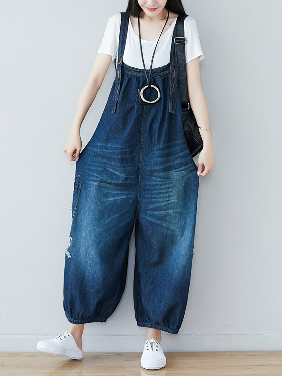 Summer Retro Frayed Washed Denim Jumpsuits