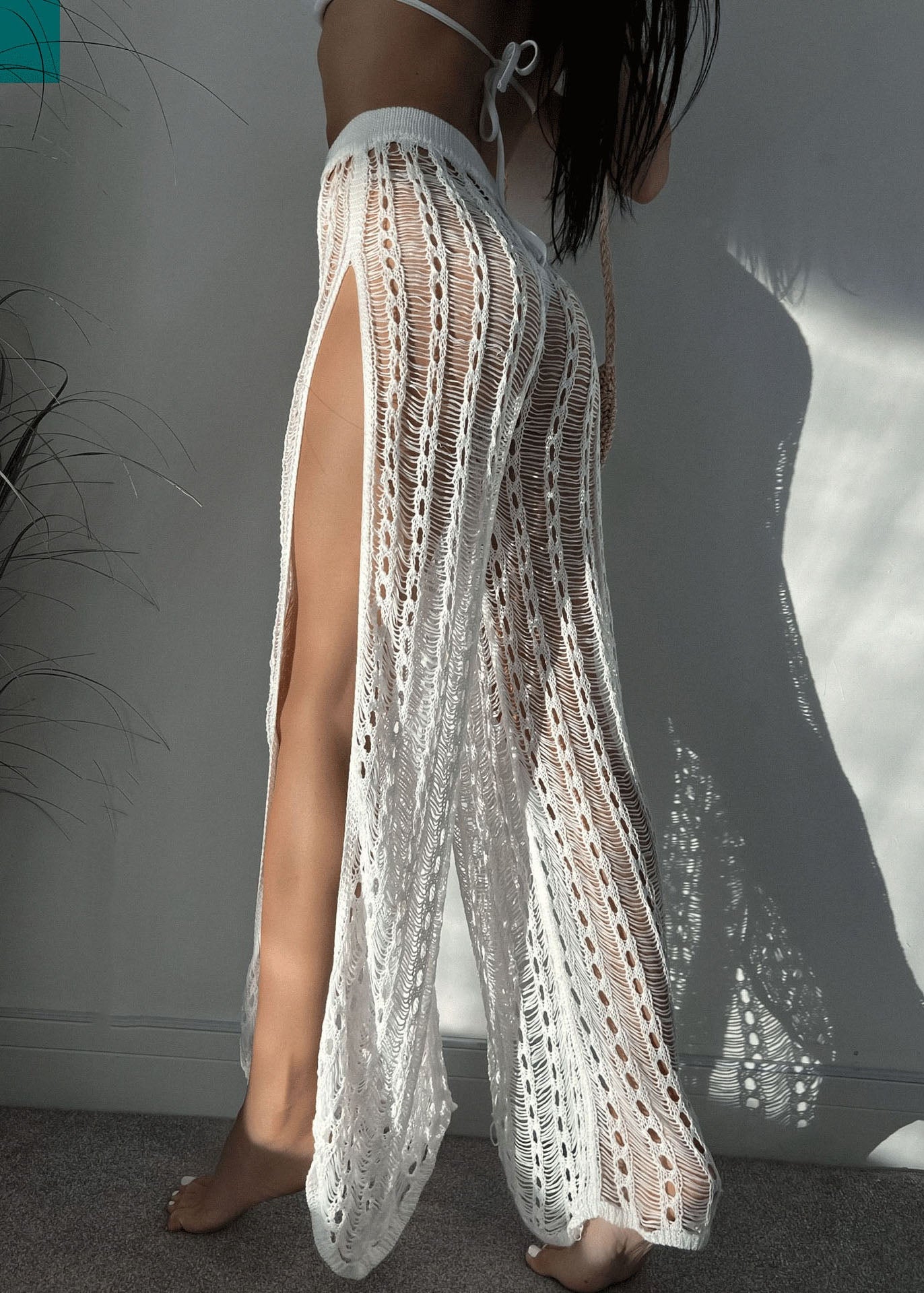 Vacation White Hollow Out Side Open Knit Beach Skirt