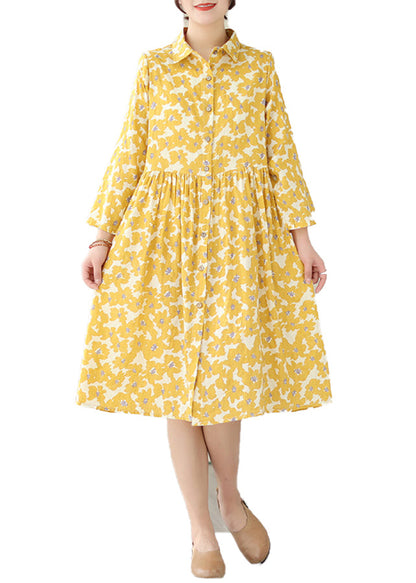 Yellow Peter Pan Collar Print Cotton Shirts Dresses Fall