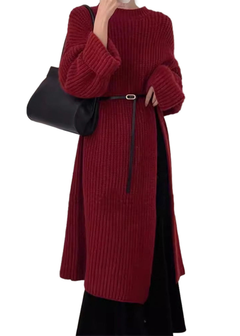 Red O Neck Side Open Knit Long Sweater Winter