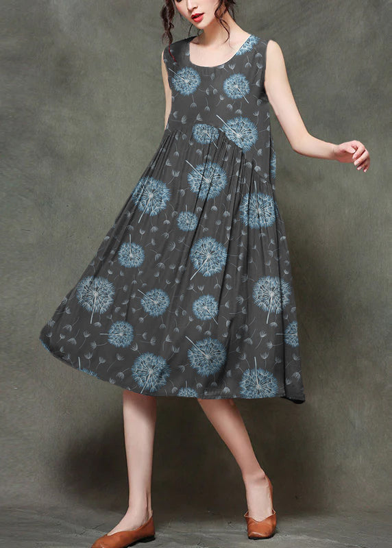 Black Polka Dots Stitching O-neck Wrinkled Long Dresses Sleeveless