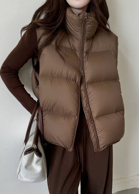 Coffee Stand Collar Zip Up Duck Down Waistcoat Sleeveless