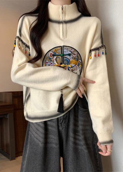 Beige Hign Neck Embroidered Knit Sweaters Spring