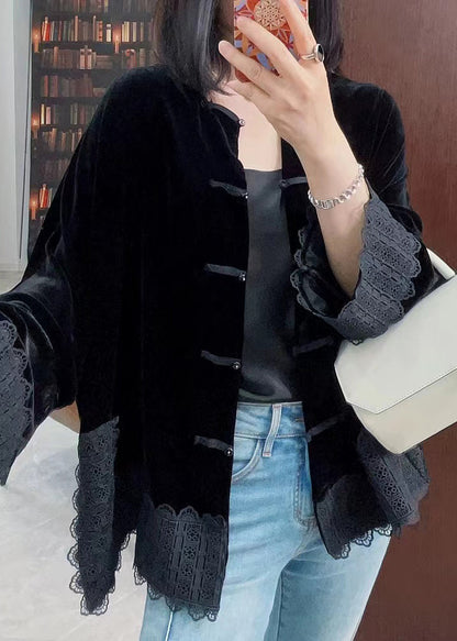Orange O-neck Lace Patchwork Silk Velour Coats Fall