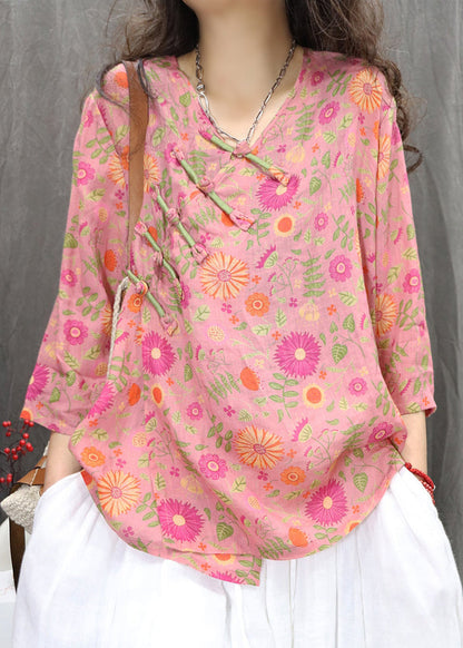New Green Chinese Button Print Linen Blouses Bracelet Sleeve