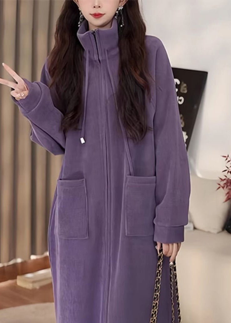 Purple Stand Collar Zippered Pockets Patchwork Corduroy Long Coats Winter