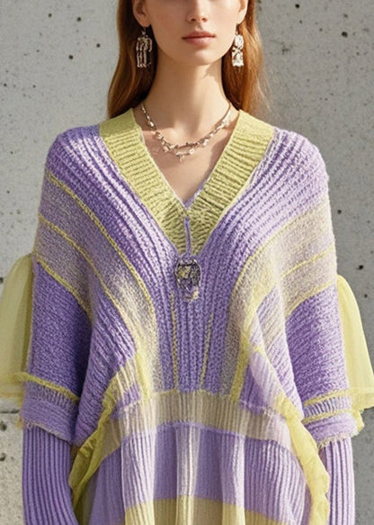 Purple Oversized Patchwork Tulle Knitted Dress Fall