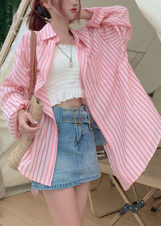Loose Pink Button Pockets Cotton Blouses Long Sleeve