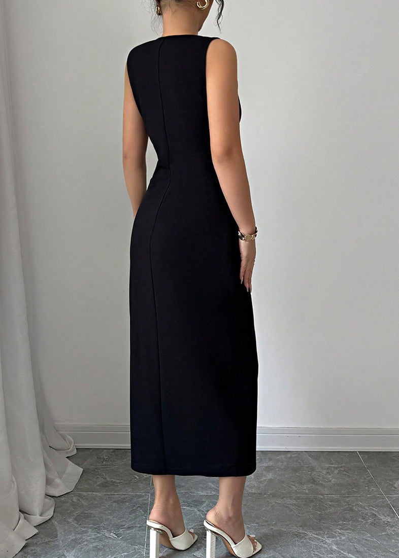 Italian Black O Neck Bow Side Open Cotton Dress Sleeveless