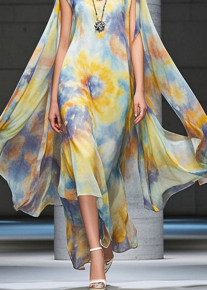 Yellow Asymmetrical Tie Dye Chiffon Beach Dress Summer