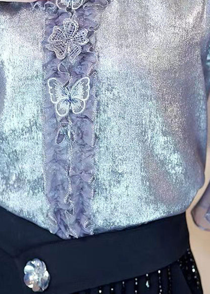 New Silver Gray Ruffled Butterfly V Neck Silk Top Summer
