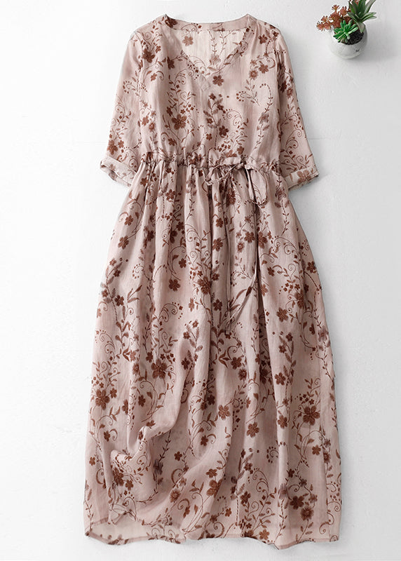 Pink Print Cotton Long Dress V Neck Drawstring Summer