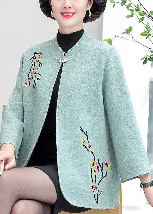 Light Blue Stand Collar Embroideried Woolen Cardigans Long Sleeve