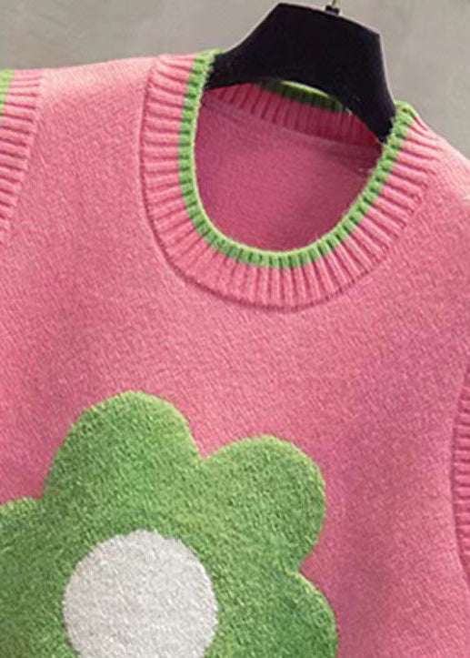 Italian Pink O Neck Patchwork Knit Vest Sleeveless