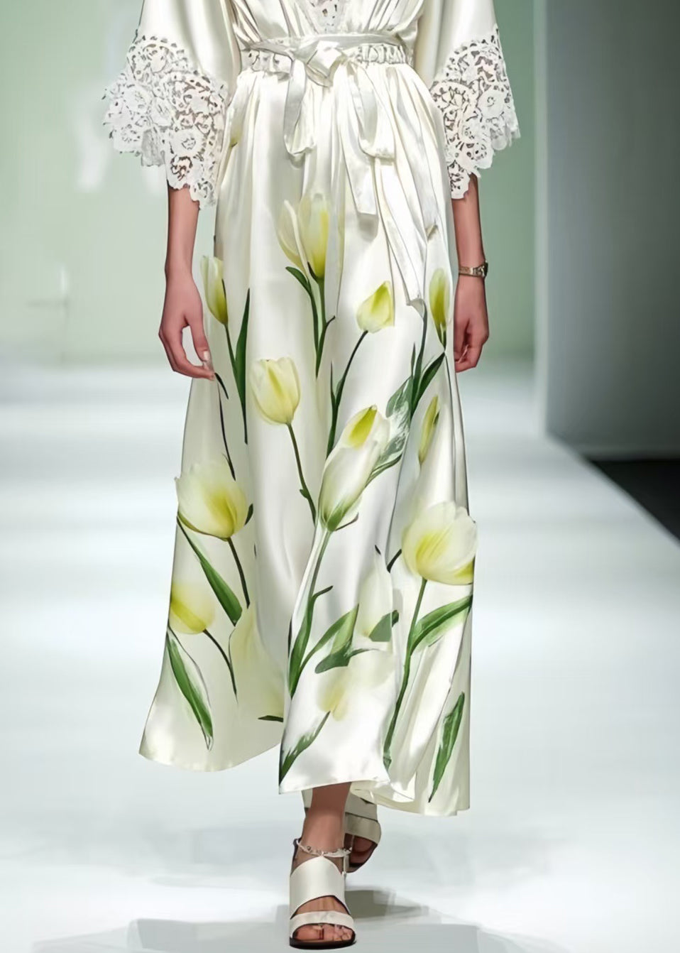 White Print Patchwork Lace Tunic Dress Summer