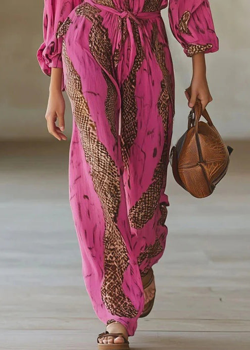 Pink V Neck Print Lace Up Cotton Jumpsuit Fall