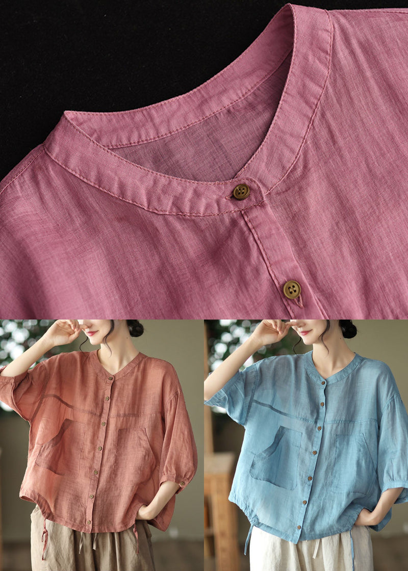 Rose O-neck Patchwork Linen Tops Bracelet Sleeve