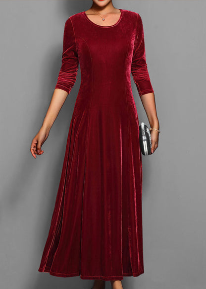 Classy Blue O Neck Slim Fit Velvet Long Dress Fall