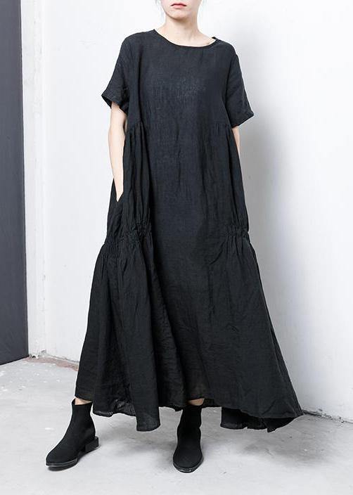 Linen Cotton Robes Pure Color Pleated A-line Dress