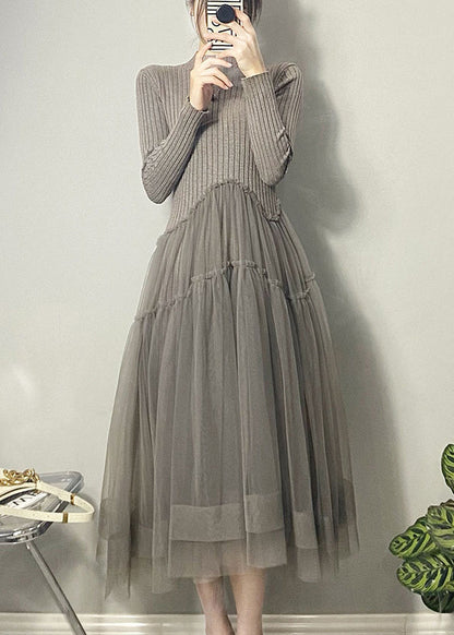 Grey Asymmetrical Tulle Patchwork Long Dresses Fall