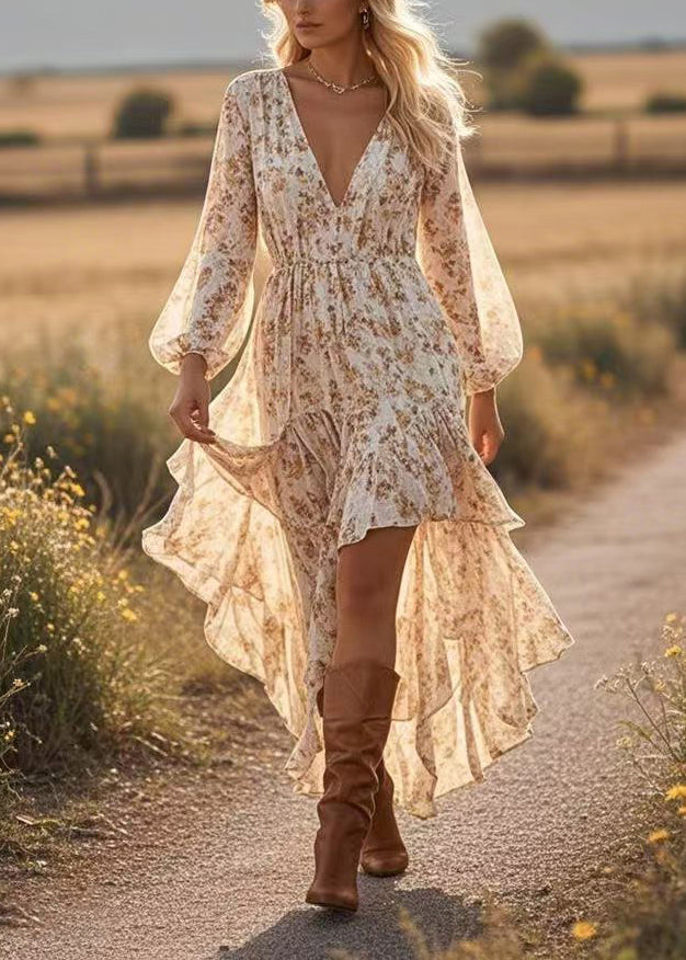 Apricot Asymmetrical Print Cotton Robe Dresses Spring