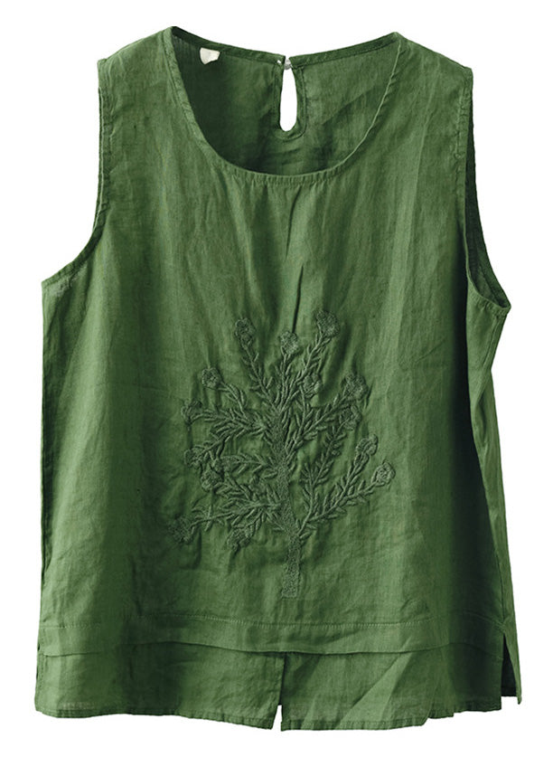 Green O-neck Embroidered Patchwork Side Open Linen Vest Summer