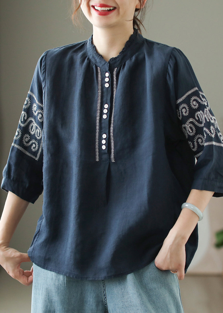 Diy Yellow Stand Collar Embroidered Linen Blouse Top Summer