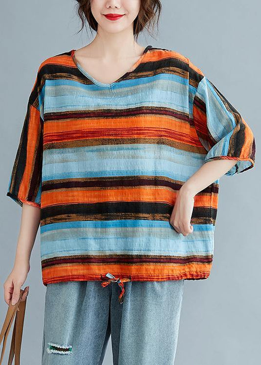 Simple Striped Linen Cotton Clothes Work Drawstring Summer Shirt