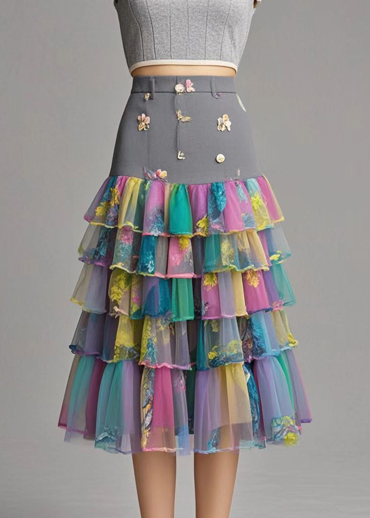 Print Patchwork Layered Tulle Silm Fit Skirt Fall