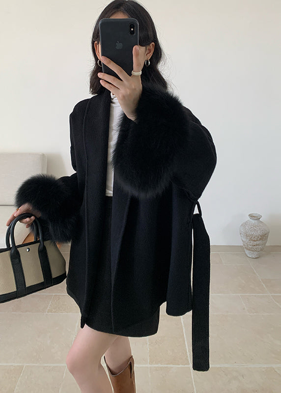 Style Grey Peter Pan Collar Faux Fur Patchwork Woolen Coat Winter
